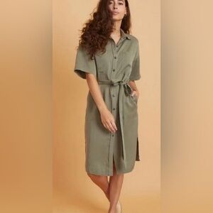 Marine Layer Olive Green Button-Front Midi Dress with Tie Waist